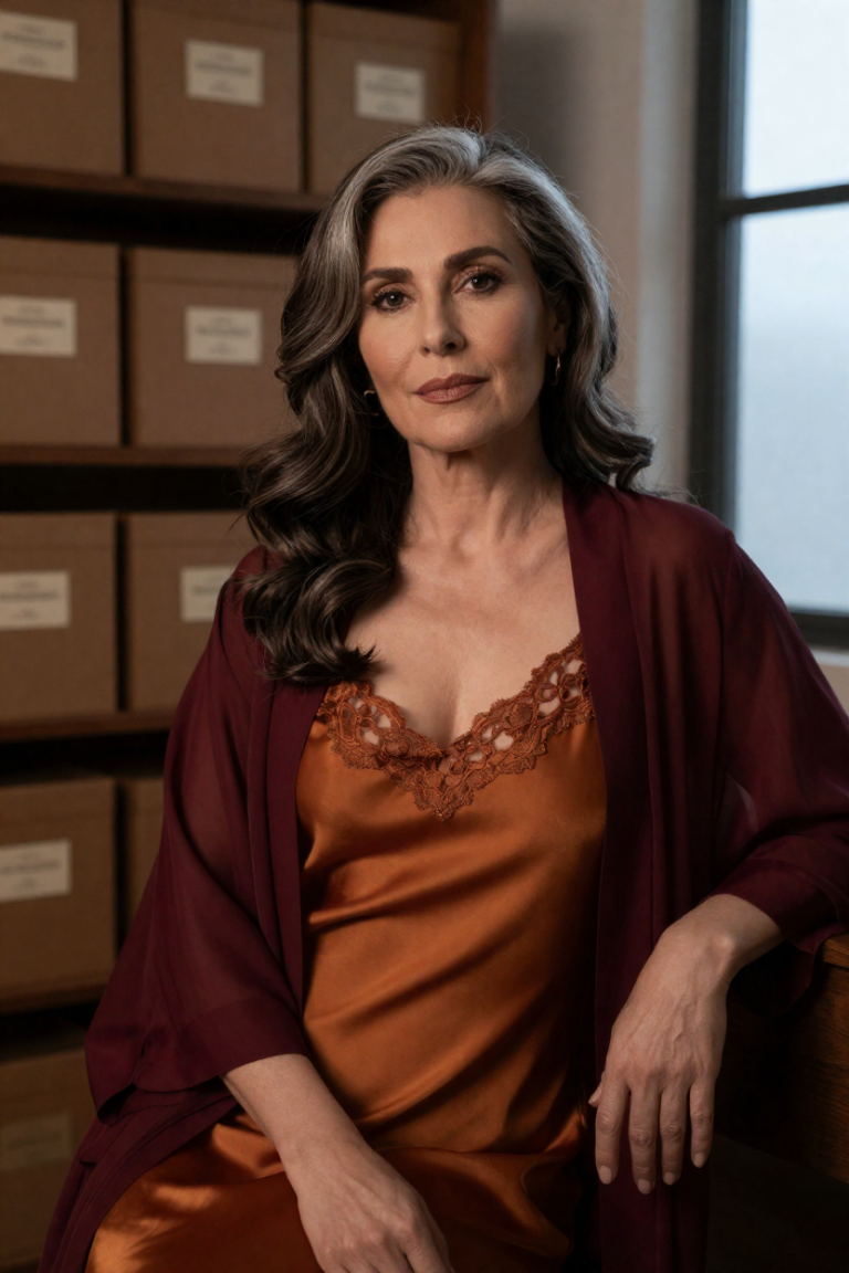 FuliN2006 muse in an amber silk slip with bronze lace and sheer burgundy robe beside the archive shelf